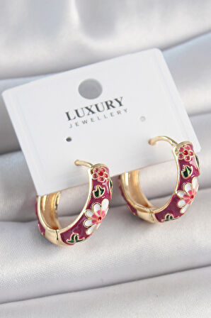 Tegan Pirinç Gold Renk Halka Mor Çiçek Mineli Kadın Küpe TG27BKP10474