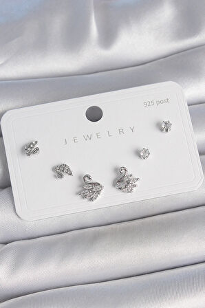 Tegan Pirinç Gümüş Renk Zirkon Taşlı Kuğu Model 925 Ayar Gümüş Çivi Kadın Küpe Seti TG27BKP10481