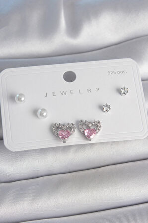 Tegan Pirinç Gümüş Renk Pembe Zirkon Taşlı Kalp Model İnci Detay 925 Ayar Gümüş Çivi Kadın Küpe Seti TG27BKP10489