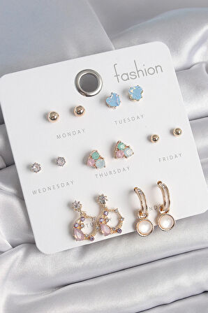 Tegan Pirinç Gold Renk Zirkon Taşlı Sallantı Halka Figür Kalp Detay 7 Çift Kadın Küpe TG27BKP10533