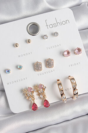 Tegan Pirinç Gold Renk Zirkon Taşlı Çiçek Figür İncili Halka Figür 7 Çift Kadın Küpe Seti TG27BKP10537