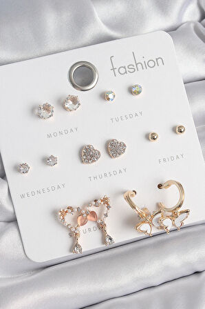 Tegan Pirinç Gold Renk Zirkon Taşlı Sallantılı Kalp Figür Kelebek Detay 7 Çift Kadın Küpe Seti TG27BKP10539