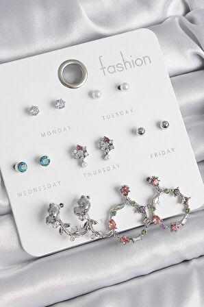 Tegan Pirinç Gümüş Renk Zirkon Taşlı Gül Figür Halka Model 7 Çift Kadın Küpe Seti TG27BKP10544