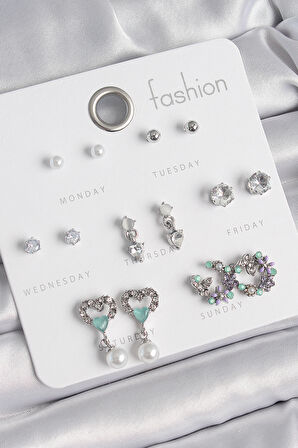 Tegan Pirinç Gümüş Renk Zirkon Taşlı Sallantılı Kalp Model Çiçek Detay 7 Çift Kadın Küpe Seti TG27BKP10546