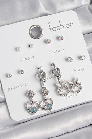 Tegan Pirinç Gümüş Renk Sallantı Zirkon Taşlı Kalp Model Düğüm Detay 7 Çift Kadın Küpe Seti TG27BKP10548