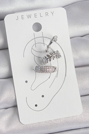 Tegan Pirinç Gümüş Renk Zirkon Taşlı 3'Lü Model Yaprak Figür Kadın Kıkırdak Küpe TG27BKP10564