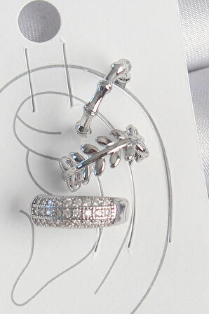 Tegan Pirinç Gümüş Renk Zirkon Taşlı 3'Lü Model Yaprak Figür Kadın Kıkırdak Küpe TG27BKP10564