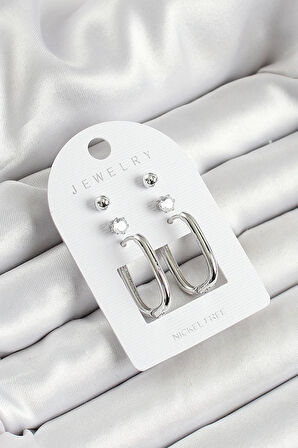 Tegan Pirinç Zirkon Taş Ve Dikdörtgen Figürlü Gümüş Renk 3'lü Çift Kadın Küpe Set TG27BKP10645