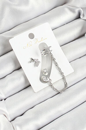 Tegan Pirinç Kelebek Figürlü Zirkon Taşlı Gümüş Renk 3'lü Kıkırdak Kadın Küpe Set TG27BKP10659