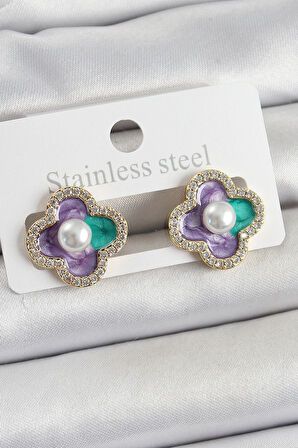 Tegan Pirinç Mor Mineli İnci Detaylı Zirkon Taşlı Sanatsal Portre Yonca Model Gold Renk Kadın Küpe TG27BKP10680