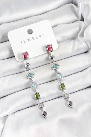 Tegan Pirinç Renkli Zirkon Taşlı Sallantılı Model Gümüş Renk Kadın Küpe TG27BKP10743