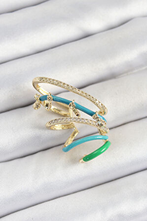 Tegan Pirinç Zirkon Taşlı Mavi Yeşil Sıkıştırma Sağ Kıkırdak Gold Renk Kadın Küpe TG27BKP10754