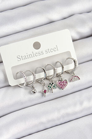 Tegan Pirinç Zirkon Taşlı Karpuz Yonca Kalp Pusula Karışık Model Gümüş Renk 6'lı Set Kadın Küpe TG27BKP10757