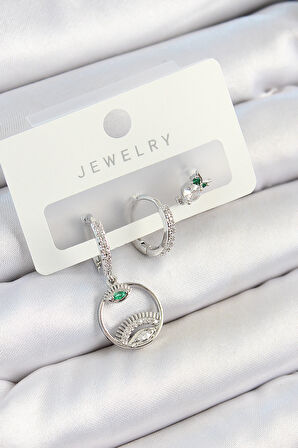 Tegan Pirinç Zirkon Taşlı Göz Ve Baykuş Model Gümüş Renk 3'lü Çift Kadın Küpe Set TG27BKP10795