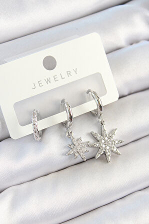 Tegan Pirinç Zirkon Taşlı Kutup Yıldızı Model Gümüş Renk 3'lü Çift Kadın Küpe Set TG27BKP10807