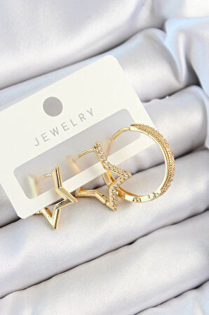 Tegan Pirinç Zirkon Taşlı Yıldız Ve Halka Model Gold Renk 3'lü Çift Kadın Küpe Set TG27BKP10830