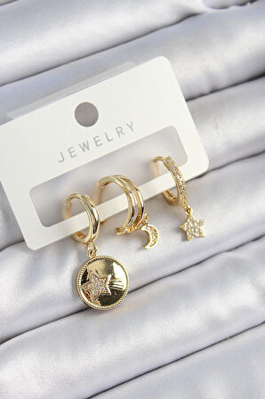 Tegan Pirinç Zirkon Taşlı Yıldız Ve Ay Model Gold Renk 3'lü Çift Kadın Küpe Set TG27BKP10833