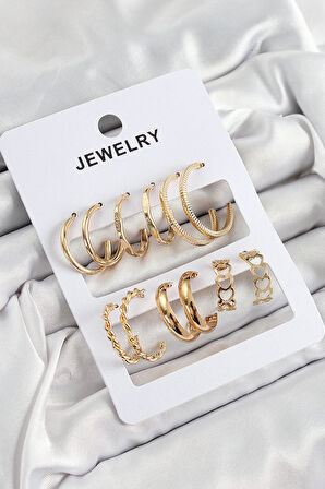 Tegan Pirinç Karışık Halka Model Gold Renk 6 Çift Kadın Küpe Set TG27BKP10887