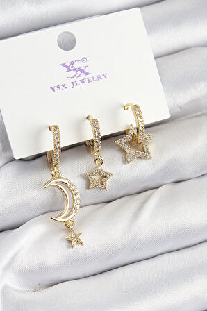 Tegan Pirinç Zİrkon Taşlı Ay Ve Hilal Model Gold Renk 3'lü Kadın Küpe TG27BKP10942