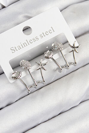 Tegan Pirinç Zirkon Taşlı Deniz Yıldızı ve İstiridye Model Gümüş Renk Kadın Küpe TG27BKP11104