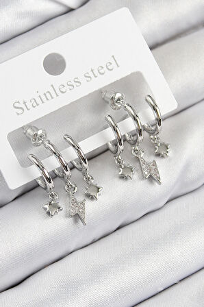 Tegan Pirinç Zirkon Taşlı Şimşek Model Gümüş Renk Kadın Küpe TG27BKP11109