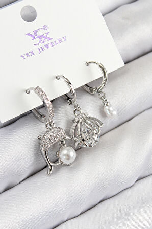 Tegan Pirinç Zirkon Taşlı 3'lü Yunus Balığı Ve İstiridye Model Gümüş Renk Kadın Küpe TG27BKP11127