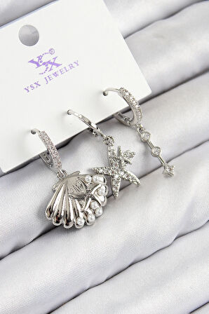 Tegan Pirinç Zirkon Taşlı 3'lü Yıldız Ve İstiridye Model Gümüş Renk Kadın Küpe TG27BKP11131