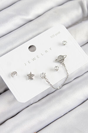 Tegan Pirinç Zirkon Taşlı Yıldız Ve Gezegen Model Gümüş Renk 925 Ayar Gümüş Çivi Kadın Küpe Set TG27BKP11153