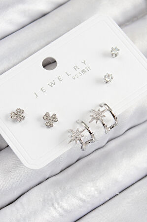 Tegan Pirinç Zirkon Taşlı Kutup Yıldızı Model Gümüş Renk 925 Ayar Gümüş Çivi Kadın Küpe Set TG27BKP11167