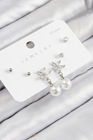 Tegan Pirinç Zirkon Taşlı İnci Sallantılı Çiçek Model Gümüş Renk 925 Ayar Gümüş Çivi Kadın Küpe Set TG27BKP11176