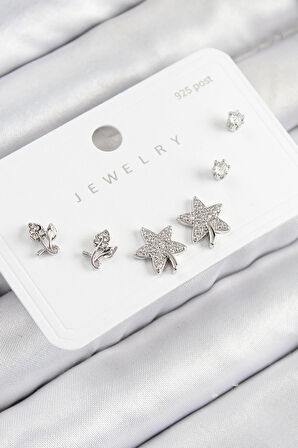 Tegan Pirinç Zirkon Taşlı Yıldız Ve Gül Model Gümüş Renk 925 Ayar Gümüş Çivi Kadın Küpe Set TG27BKP11179