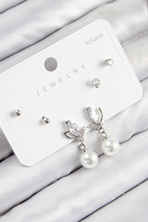 Tegan Pirinç Zirkon Taşlı İnci Sallantılı Damla Model Gümüş Renk 925 Ayar Gümüş Çivi Kadın Küpe Set TG27BKP11183