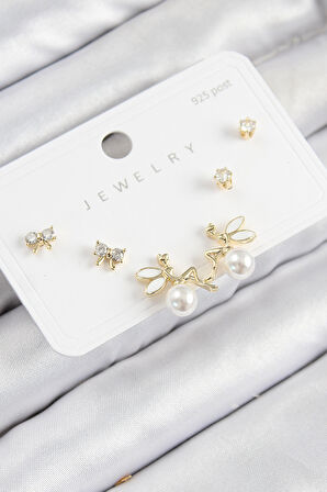 Tegan Pirinç Zirkon Taşlı İnci Melek Model Gold Renk 925 Ayar Gümüş Çivi Kadın Küpe Set TG27BKP11188