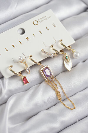 Tegan Pirinç Zirkon Taşlı Sallantılı Ve İncili Gold Renk 6'lı Küpe Set TG27BKP11204