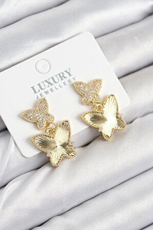 Tegan Pirinç Zirkon Taşlı Kelebek Model Gold Renk Kadın Küpe TG27BKP11209