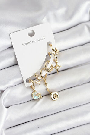 Tegan Pirinç Gold Renk Ay Model Kadın Set Küpe TG27BKP11219