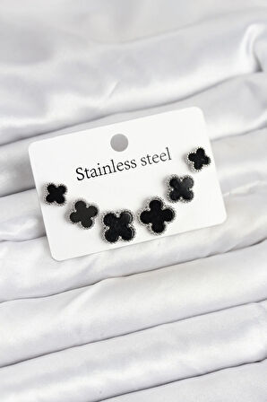 Tegan 316L Çelik Gümüş Siyah Renk 3 Boy Yonca Küpe Seti TG27BKP11234