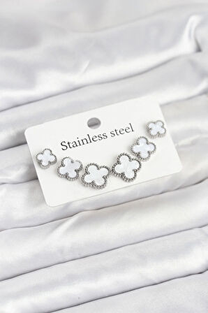 Tegan 316L Çelik Gümüş Beyaz Renk 3 Boy Yonca Küpe Seti TG27BKP11236