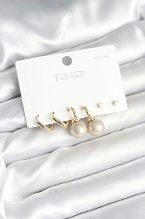 Tegan Pirinç Gold Renk İnci Detaylı 925 Gümüş Çivili Kadın Küpe Seti TG27BKP11253