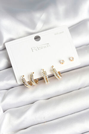 Tegan Pirinç Gold Renk Zirkon Taşlı 925 Gümüş Çivili Kadın Küpe Seti TG27BKP11257