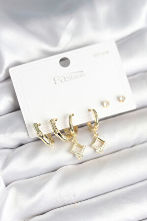 Tegan Pirinç Gold Renk 925 Ayar Gümüş Çivili Kadın Küpe Seti TG27BKP11260