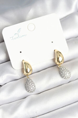 Tegan Gold Renk Zirkon Taşlı Damla Pirinç Kadın Küpe TG27BKP11288