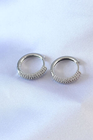 Tegan Gümüş Renk Zirkon Taşlı Halka Model Pirinç Kadın Küpe TG27BKP7856