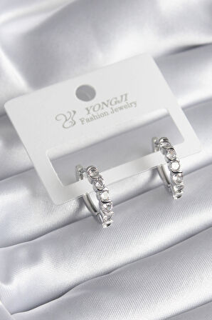 Tegan Pirinç Gümüş Renk Zirkon Taşlı Halka Model Kadın Küpe TG27BKP10016