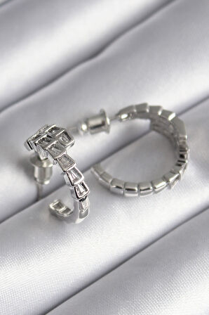 Tegan Pirinç Gümüş Renk Zirkon Taşlı Yılan Model Kadın Küpe TG27BKP9789