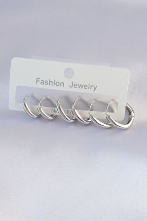 Tegan Pirinç Gümüş Renk Oval Küpe Seti TG27BKP9003