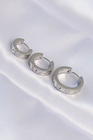 Tegan 316L Çelik Gümüş Renk Zirkon Taşlı Model 3lü Halka Küpe TG27BKP9008