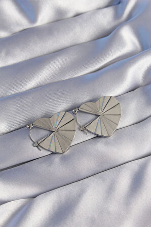 Tegan 316L Çelik Gümüş Renk Çizgili Plaka Tasarımlı Kalp Küpe TG27BKP9041