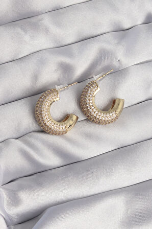 Tegan Pirinç Gold Renk Zirkon Taşlı Yarım Halka Küpe TG27BKP9113