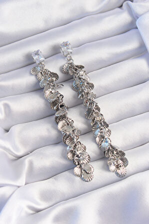 Tegan Pirinç Gümüş Renk Zirkon Taşlı Minimal Deniz Kabuklu Sallantılı Küpe TG27BKP9253